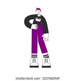 Asexual person standing. Ace queer character with flag, symbols and purple grey colors. LGBTQA pride. International asexuality day. Awareness and visibility week.