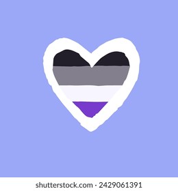 Asexuelle Stolz-Flagge in Herzform. LGBT Aufkleber, LGBTQ Liebessymbol. Regenbogen mit schwarzen, grauen, lila Streifen. Sexuelle Orientierung, Selbstbestimmung. Flach handgezeichnete isolierte Vektordarstellung