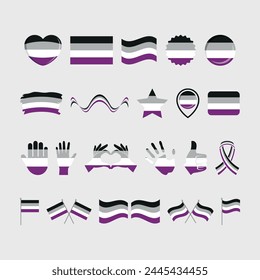 Bandera de orgullo de asexualidad y símbolos de muchos iconos de Vector. Elemento de Diseño gráfico de la bandera de orgullo de asexualidad aislado sobre un fondo gris. Iconos asexuales en estilo plano