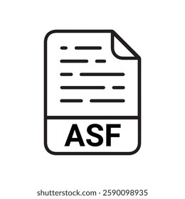 ASF file icon set. ASF file type symbol. File ASF format icon in black filled and outlined style isolated on transparent background.