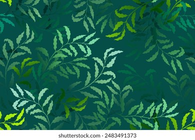 Ash branches tree leaves chic vector seamless pattern. Summer fashion dress textile print.  Jungle flora decorative ornament. Plant twigs illustration. Leaves on branches swatch.