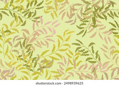 Ash branches tree leaves chic vector seamless pattern. Summer fashion dress textile print.  Jungle flora decorative ornament. Beautiful plant design. Leaves on branches swatch.