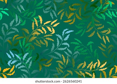 Ash branches tree leaves chic vector seamless pattern. Summer fashion dress textile print. Subtropical rainforest foliage floral pattern. Organic nature design. Leaves on branches print.