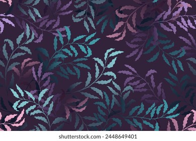 Ash branches tree leaves premium vector seamless pattern. Summer fashion dress fabric print. Garden or houseplant foliage floral pattern. Botanical exotic vector. Leaves on branches print.
