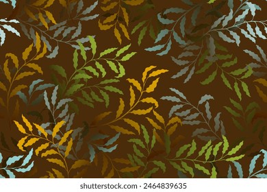 Ash branches tree leaves premium vector seamless pattern. Summer fashion dress fabric print. Natural decorative ornament. Beautiful plant design. Leaves on branches print.