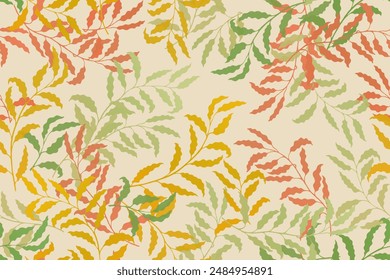 Ash branches tree leaves premium vector seamless pattern. Summer fashion dress textile print. Garden or houseplant foliage floral pattern. Plant twigs illustration. Tree foliage print.