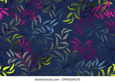Ash branches tree leaves premium vector seamless pattern. Summer fashion dress textile print. Garden or houseplant foliage floral pattern. Botanical exotic vector. Leaves on branches print.