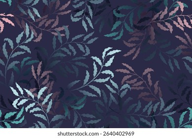 Ash branches tree leaves rich vector seamless pattern. Wallpaper or wrapping paper print. Tropical rainforest foliage floral pattern. Botanical exotic vector. Tree foliage swatch.