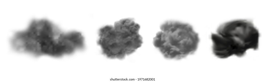 Ash clouds. Gray realistic smoke, isolated explosion cloud vector collection