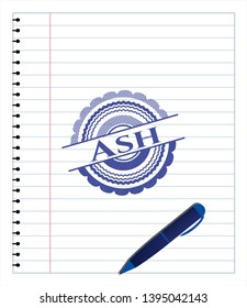 Ash emblem draw with pen effect. Blue ink. Vector Illustration. Detailed.