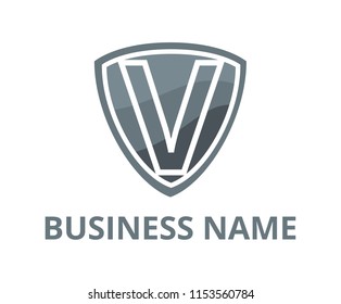ash grey color simple triangle shield logo graphic design with modern clean style for protection or security company with initial type letter v on it