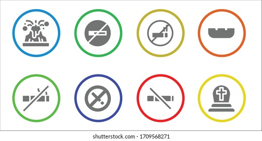 ash icon set. 8 filled ash icons.  Simple modern icons such as: Volcano, No smoking, No smoke, Ashtray, Cemetery