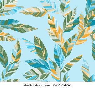 Ash leaves floral vector seamless pattern. Striped texture colorful bush foliage. Fabric print with croton twigs. Summer endless pattern with tropical leaves. Wallpaper cute design