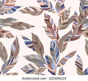Asche lässt blühende Vektorgrafik nahtlos Muster. Dschungelblätterblättern aus Streifen. Textilabdruck mit Eukalyptus-Ästen. Sommerendloses Muster mit tropischen Blättern. Tapete-süßes Design