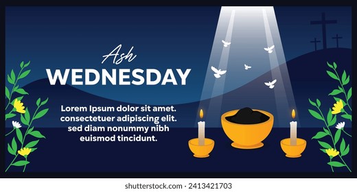 Ash Wednesday. Card with traditional elements representing Lent which begins on Ash Wednesday: ashes, leaf, candles. Poster, banner, card, social media post and more