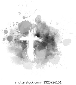 Ash Wednesday - Christian religious holiday. Grunge cross on gray abstract ash background.