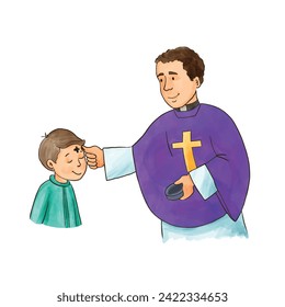 ash Wednesday christianity illustration, Priest and little boy