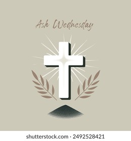 Ash Wednesday illustration,a white cross with radiating light,palm leaves,and a small pile of ashes. Symbolizes the beginning of Lent in the Christian tradition, emphasizing repentance and reflection.