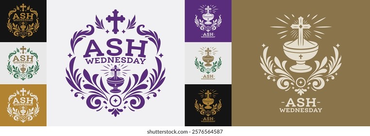 Ash Wednesday, Lent catholic Christian holy week celebration, emblem set design collection