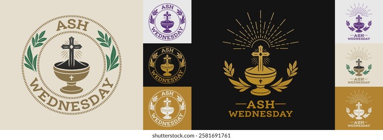 Ash Wednesday, Lent holy week Christian catholic celebration, emblem collection set