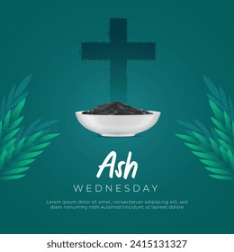 Ash Wednesday Post and Banner with religious Christian symbol for the beginning of Lent, with the cross of ashes. Holy Day of Prayer and Fasting in Christian Vector Illustration