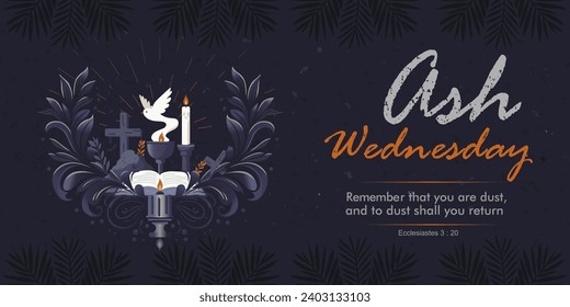 Ash Wednesday poster vector illustration with ornaments, a white dove, candles, crosses and palm leaves