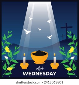 Ash Wednesday. Posters with traditional elements representing Lent which begins on Ash Wednesday: ashes, leaf, candles. Poster, banner, card, social media post and more