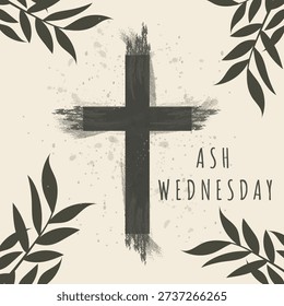 Ash Wednesday square post with black cross and dark tropical leaves vector illustration.