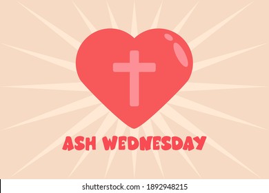 Concepto vectorial del miércoles de ceniza. Símbolo del corazón con signo cruzado y texto del miércoles de ceniza