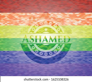 Ashamed emblem on mosaic background with the colors of the LGBT flag