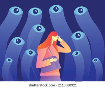 Ashamed Girl  Hiding Herself From Evil Eyes Vector Illustration Concept