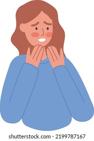 Ashamed person with a blush on the face, embarrassed, awkward. Hands cover the mouth, guilty feeling, shy worried, clumsy face. Human negative emotion concept. Vector illustration isolated