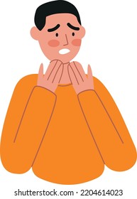 Ashamed person with a blush on the face, embarrassed man, awkward. Hands cover the mouth, guilty feeling, shy worried, clumsy face. Human negative emotion concept. Vector illustration isolated