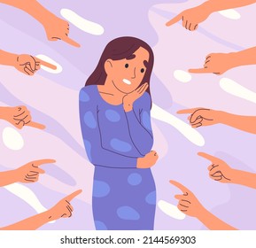 Ashamed, sad, depressed person with hands pointing index fingers. Indignant people blaming and pointing fingers at young woman vector illustration. Accusation concept