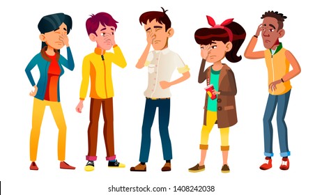 Ashamed Teenagers With Gesture Facepalm Set Vector. Collection Of Mulicultural Character Young People With Facepalm. Depression, Headache, Disappointment Or Shame Flat Cartoon Illustration