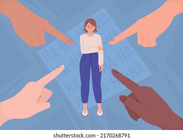 Ashamed woman and pointing hands flat color vector illustration. Condemnation. Mental disorder stigmatization. Fully editable 2D simple cartoon character with text on background. Bebas Neue font used