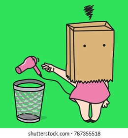 Ashamed Young Woman In Paper Bag On Head To Hide Her Bad Hair Throwing Away Useless Dryer At Garbage Bin Concept Card Character illustration