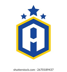 Logotipo em forma de A e três estrelas dentro de um escudo hexagonal