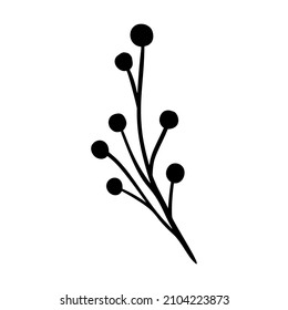 Ashberry branch vector illustration. Floral hand drawn rowan. Christmas linear element in modern style. Elegant ashberry twig silhouette isolated on white background. Rowan branch line art design.