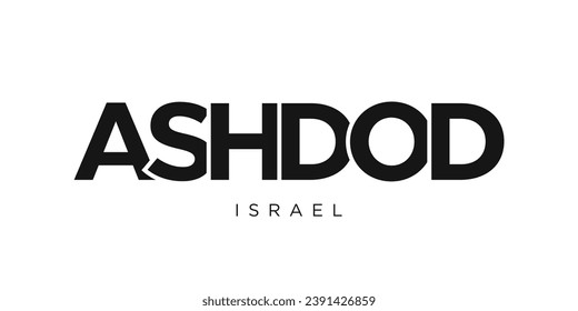 Ashdod in the Israel emblem for print and web. Design features geometric style, vector illustration with bold typography in modern font. Graphic slogan lettering isolated on white background.