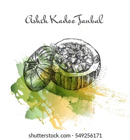 Asheh Kadoo Tanbal watercolor effect illustration. Vector illustration of Persian cuisine.