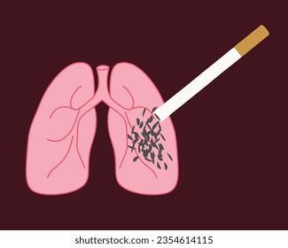 Ashes from a cigarette in the lungs. Vector Flat illustration on dark background. The body organ is like an ashtray. Danger of smoking, anti-smoking company Poster, Banner, Flyer, Placard.