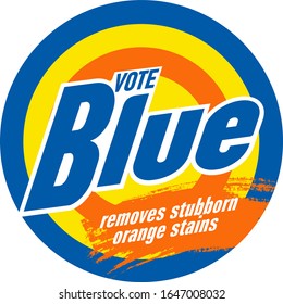 Asheville, NC, February 16, 2020. Vote Blue logo. Playing off a laundry soap box to encourage democratic voting in the United States presidential election in November 2020.