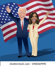 Asheville NC, January 17, 2021. Caricature of Joe Biden and Kamala Harris, president and vice president of the United States. Vector Illustration for editorial use.