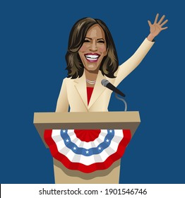 Asheville NC, January 17, 2021. Caricature of Kamala Harris, first female and first black vice president of the United States. Vector Illustration for editorial use.