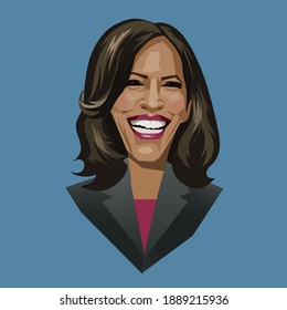 Asheville NC, January 8, 2021. Caricature Portrait Of Kamala Harris, First Female And First Black Vice President Of The United States. Vector Illustration.