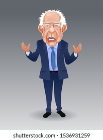 Asheville NC, October 20, 2019. Caricature of Bernie Sanders, speaking and gesturing. Democratic presidential candidate  in the 2020 United States presidential election. Vector Illustration.
