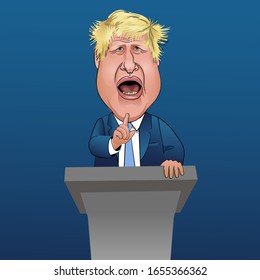 Asheville NC, United States, February 24, 2020. Caricature of British Prime Minister Boris Johnson giving a loud and animated speech at a podium. Vector Illustration.
