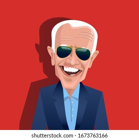 Asheville, NC, United States, March16 2020. Cartoon Caricature of Joe Biden, democratic candidate for US 2020 presidential election, wearing aviator sunglasses and smiling. Vector Illustration.