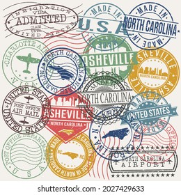 Asheville, NC, USA Set of Stamps. Travel Stamp. Made In Product. Design Seals Old Style Insignia.